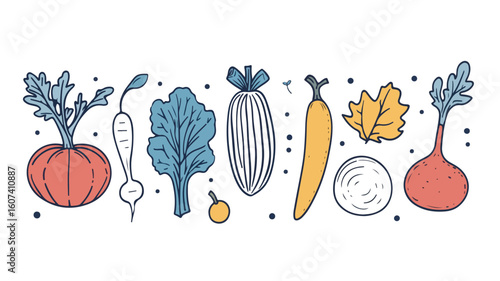 Elegant November Seasonal Vegetable Ensemble in Simple Line Art