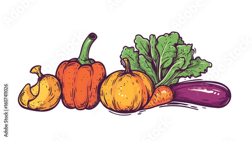 Elegant November Seasonal Vegetable Ensemble in Simple Line Art