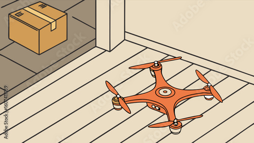 Drone delivery service concept illustration showing package being delivered to the door by drone