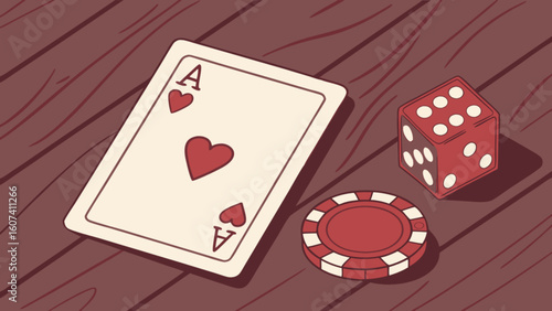 Ace of hearts poker card with red casino chip and dice on wooden table for gambling games concept
