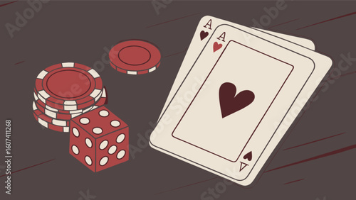 Ace playing cards casino chips and dice gambling game concept for luck and winning cash in poker night