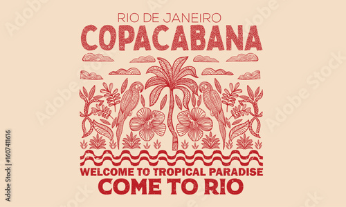 Line drawing. Macaw paradise artwork. Tropical vibes t shirt artwork. Palm tree artwork. Tropical paradise. Copacabana beach art. Summer vibes artwork.