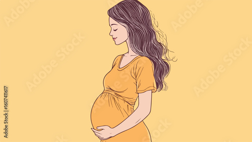 Elegant Pregnancy Sketch Artwork - Minimalist Linear Illustration of Expecting Woman