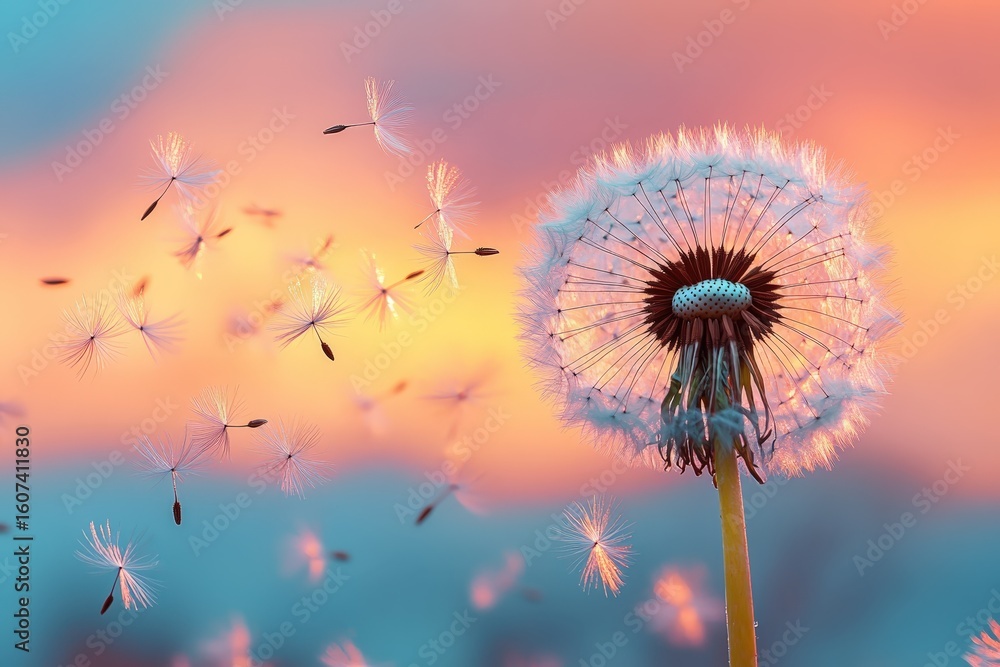 Naklejka premium A beautiful shot of a dandelion seed head with seeds blowing in the wind against a soft pastel sunset. The scene evokes a sense of freedom, wishes, and new beginnings