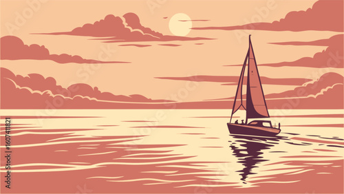 Sunset sailboat sailing yacht ocean sea travel vacation nautical vessel adventure scenic seascape illustration