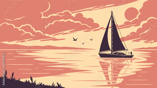 Sunset sailboat sailing seascape illustration vector art of ocean with birds and clouds calm sea scene design