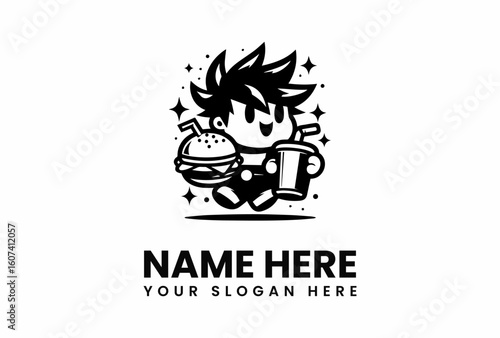 Tableau sur toile Energetic Cartoon Boy Joyfully Carrying Burger and Drink.