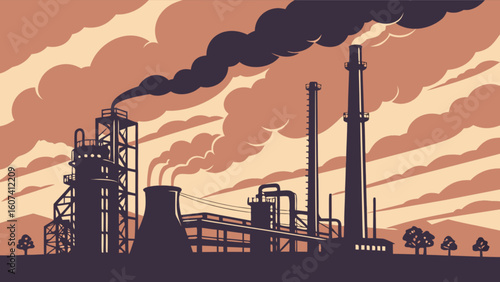 Illustration of industrial factory with smoke stacks causing pollution and environmental damage concept design
