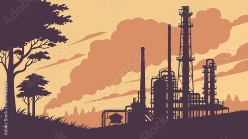 Industrial factory oil refinery plant silhouette landscape with trees and sky vector illustration