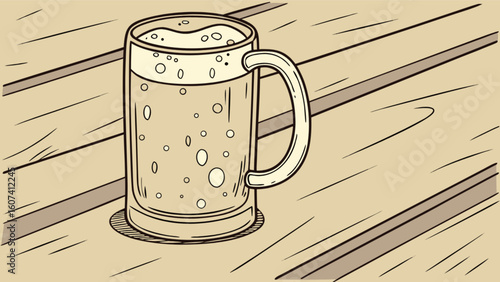 Illustration of a beer mug with foam on a wooden table perfect for bar pub or restaurant menu design