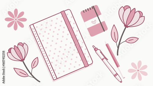 Pink aesthetic stationery flat lay featuring notebook notepad pens and flowers for office and school supplies