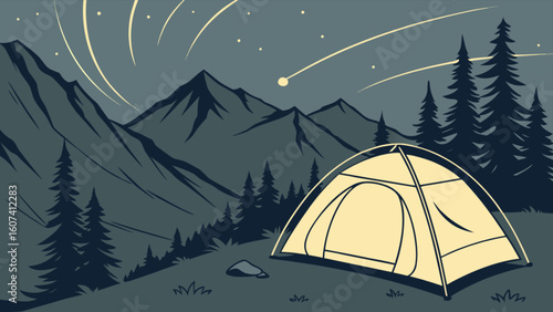 Camping adventure under the stars vector illustration with tent mountains and night sky landscape scene