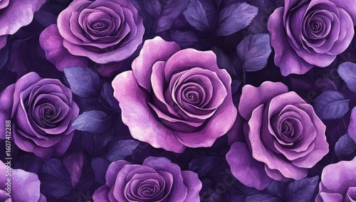 Fototapeta Naklejka Na Ścianę i Meble -  Purple rose seamless pattern.  Detailed watercolor-style roses and leaves.  Soft color gradients