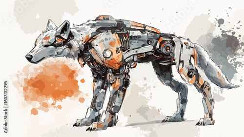 Futuristic Robot Wolf in Metal Armor - Watercolor Illustration