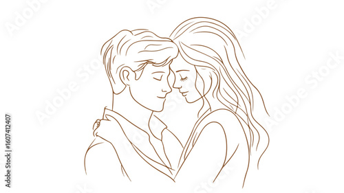 Tender Romantic Couple Embracing in Simple Line Art Style
