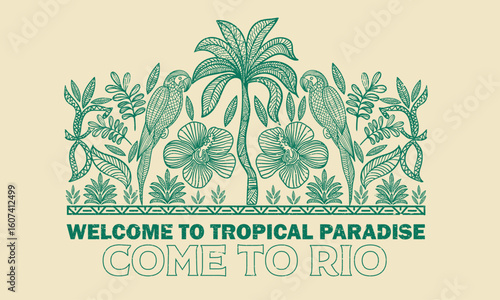 Copacabana beach art. Rio de janeiro. Summer vibes artwork.	Palm tree artwork. Tropical paradise. Macaw paradise artwork. Tropical vibes t shirt artwork. Amazing brasil. Line drawing. 