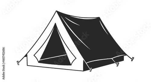 Vintage Camping Tent Icon for Outdoor Adventure, Holiday Weekend Getaways & Leisure Travel. Black and White Outline Drawing.