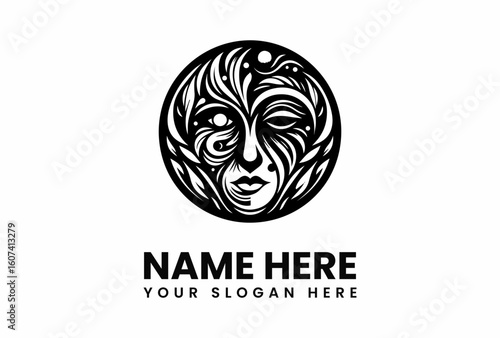 Intricate Black and White Floral Face Logo Design.