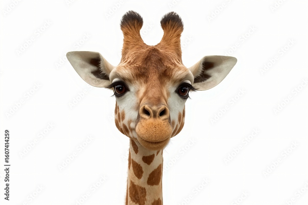 Fototapeta premium Curious giraffe portrait, isolated, zoo, white background, wildlife