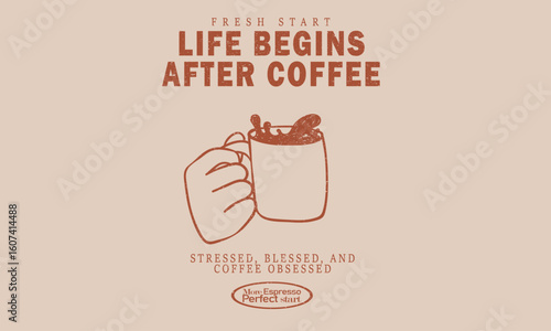 Coffee character artwork. Coffee love club. More espresso. Hand with coffee cup design for fashion, top, dress, graphics, slogan tee, posters and others.