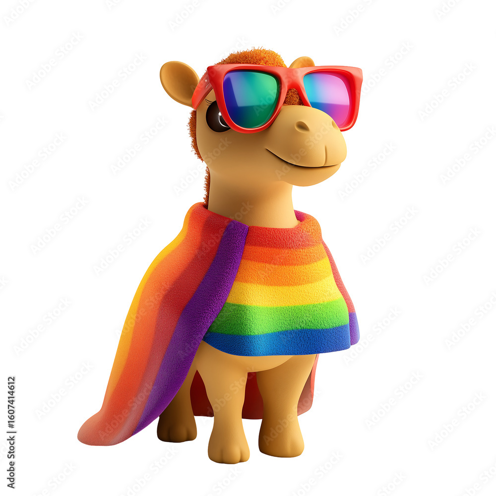 Naklejka premium A colorful cartoon llama proudly wears sunglasses and a rainbow cape, celebrating LGBTQIA+ pride. Isolated on transparent white background, png 