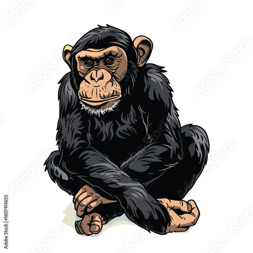 Seated chimpanzee with crossed arms expressive eyes and detailed fur texture