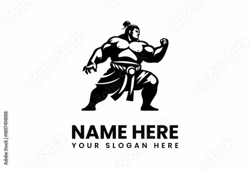 Muscular Sumo Wrestler in Stance Powerful Silhouette Logo Design.