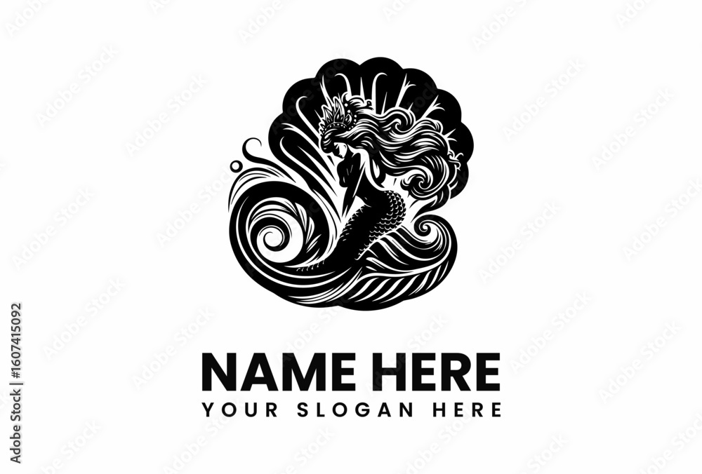 Fototapeta premium Ornate Black and White Silhouette of a Majestic Mermaid.