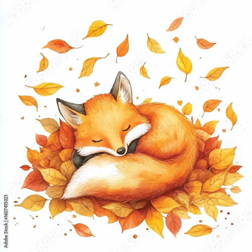 Serene Autumn Fox Napping Amidst Falling Leaves