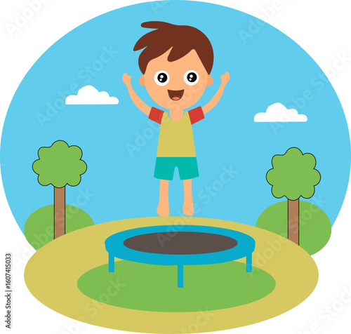 Happy boy jumping on trampoline outdoors summer Illustration
