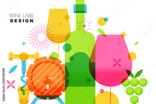 Wine bottle, glasses, barrel. Vector illustration. Design for winery label, bar menu, poster, alcohol product packaging