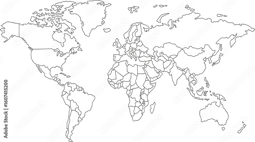 Fototapeta premium World map. Hand drawn simple stylized continents silhouette in minimal line outline thin shape. Vector Illustration.