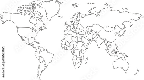 Fototapeta Naklejka Na Ścianę i Meble -  World map. Hand drawn simple stylized continents silhouette in minimal line outline thin shape. Vector Illustration.