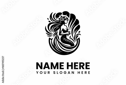 Ornate Black and White Silhouette of a Mermaid.