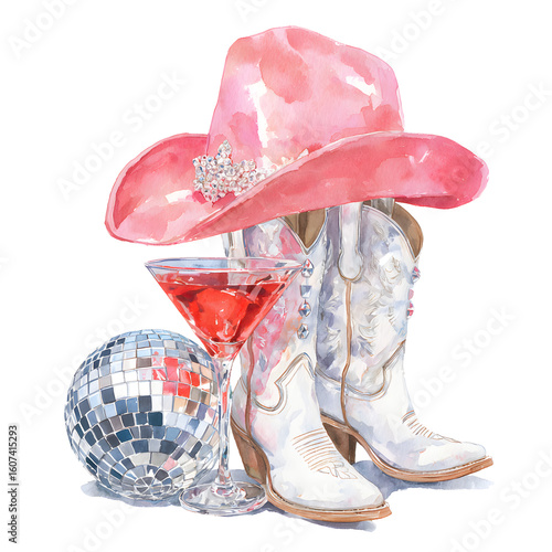 watercolor style illustration of an arrangement of a pink cowgirl hat, red martini glass, and white cowgirl boots with rhinestones, and silver disco ball