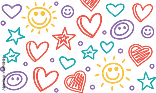 Happy suns hearts stars smiles abstract background