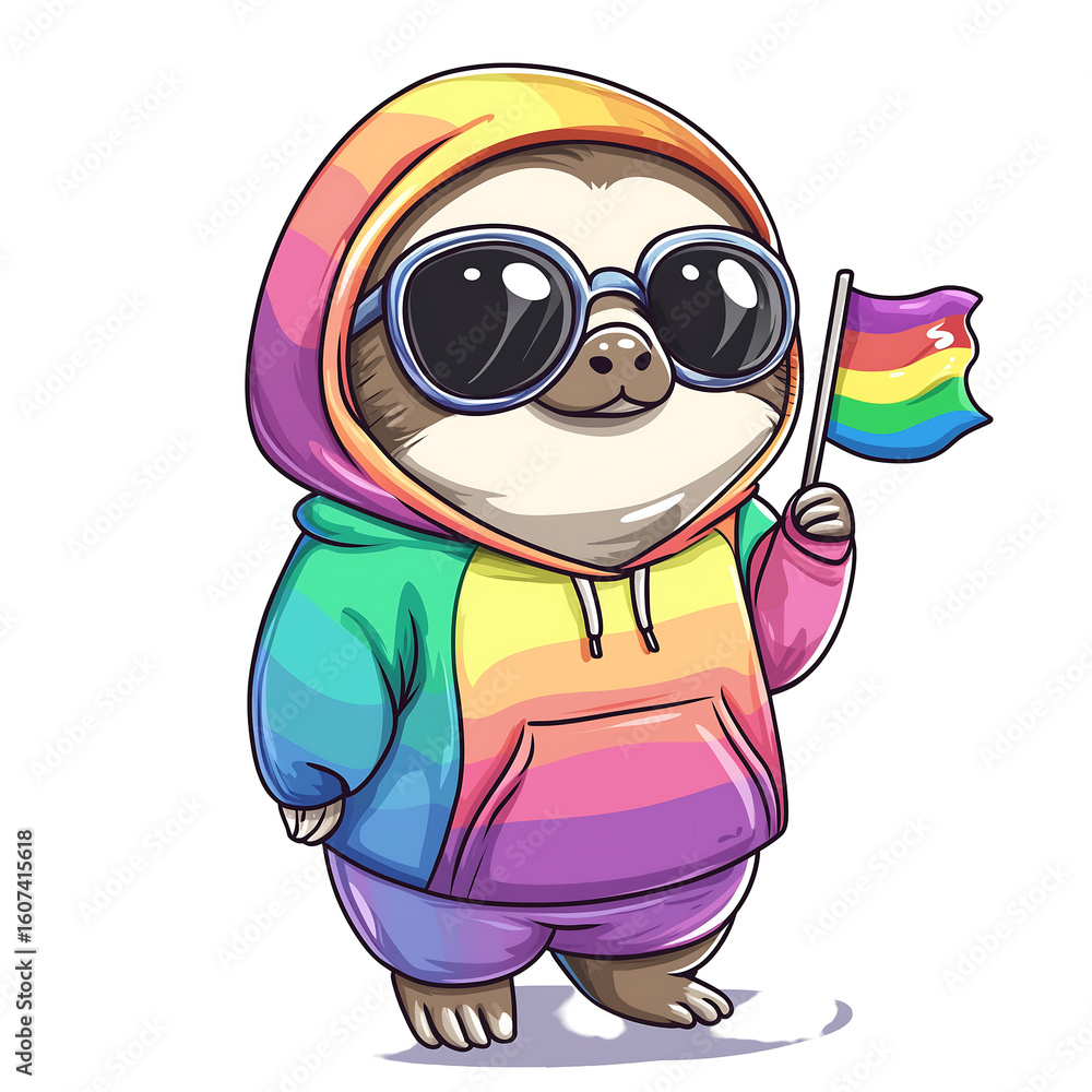 Fototapeta premium A cheerful cartoon sloth wearing a rainbow hoodie and sunglasses, proudly holding a pride flag. Isolated on transparent white background, png