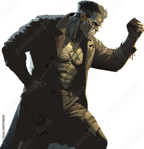 A stitched-up Frankenstein monster escaping from a lab