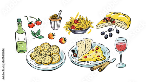 Delicious italian food and drink illustration featuring pizza pasta wine tomatoes and olive oil sketch art 100