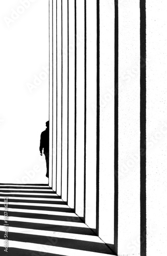 half silhouette of a person against white striped columns	