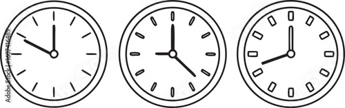 Three minimalist clocks showing different times analog