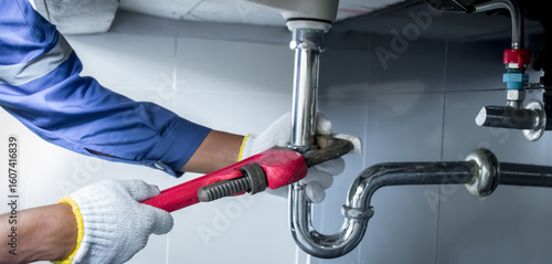 Plumber hands holding wrench doing repairing work at the sink and clogged pipe in bathroom carefully