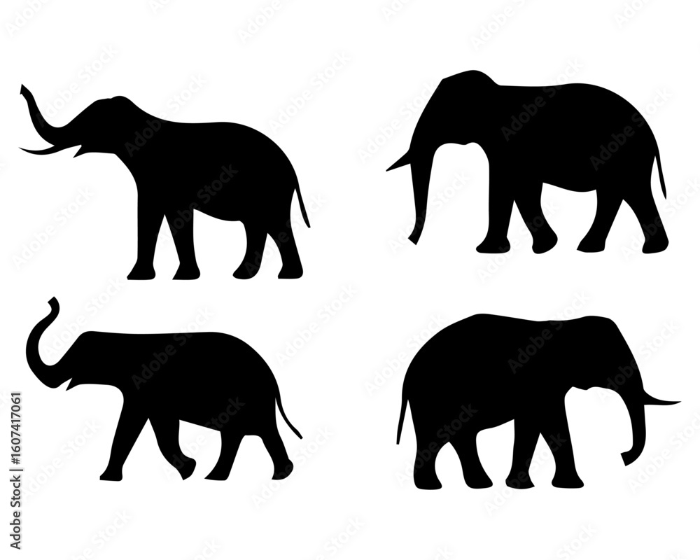 Naklejka premium Vector art of four black elephant silhouettes isolated on a white background