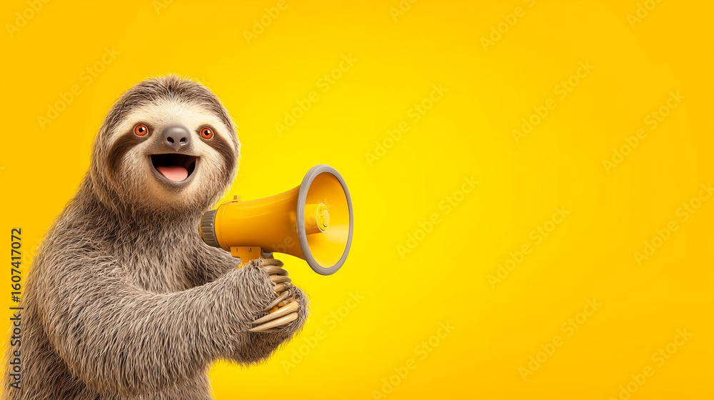 Fototapeta premium Cheerful cartoon sloth holding a yellow megaphone on a bright yellow background.