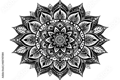 Intricate black and white floral mandala design for coloring or decoration