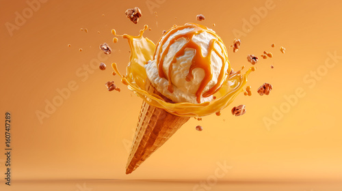 Vanilla ice cream cone with caramel splash and popcorn on an orange background.