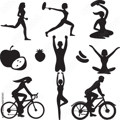 Comprehensive healthy lifestyle icons set featuring exercise healthy eating and wellness elements in a clean silhouette style