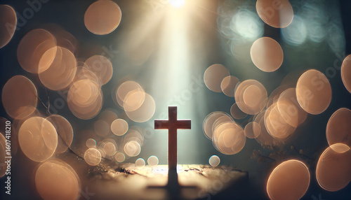 A serene bokeh effect featuring a wooden cross as the focal point