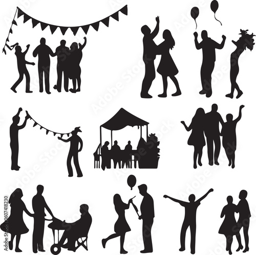 Vibrant neighborhood block party scene with diverse people enjoying music and food depicted in a stylish silhouette illustration
