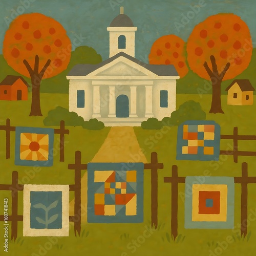 Folk art illustration of a courthouse lawn quilt show with patchwork quilts, autumn trees, and country buildings